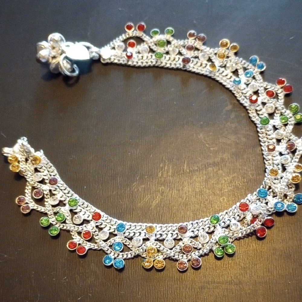 ANKLET: 11." Length; STERLING SILVER ANKLE BRACELET; w/ MULTI-COLORED CRYSTALS